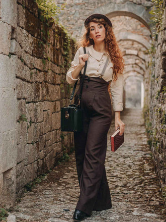 2PCS 1930er Baumwolle Solide Bluse & Latzhose