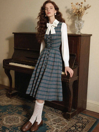 2PCS Grau 1950er Plaid Rüschen Kleid & Baumwolle Bluse