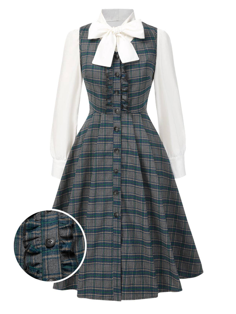 [Vorverkauf] 2PCS Grau 1950er Plaid Rüschen Kleid & Baumwolle Bluse