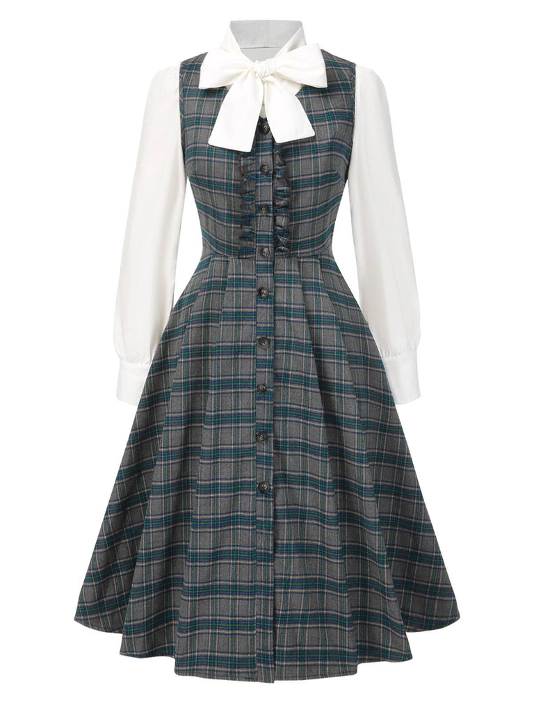 [Vorverkauf] 2PCS Grau 1950er Plaid Rüschen Kleid & Baumwolle Bluse
