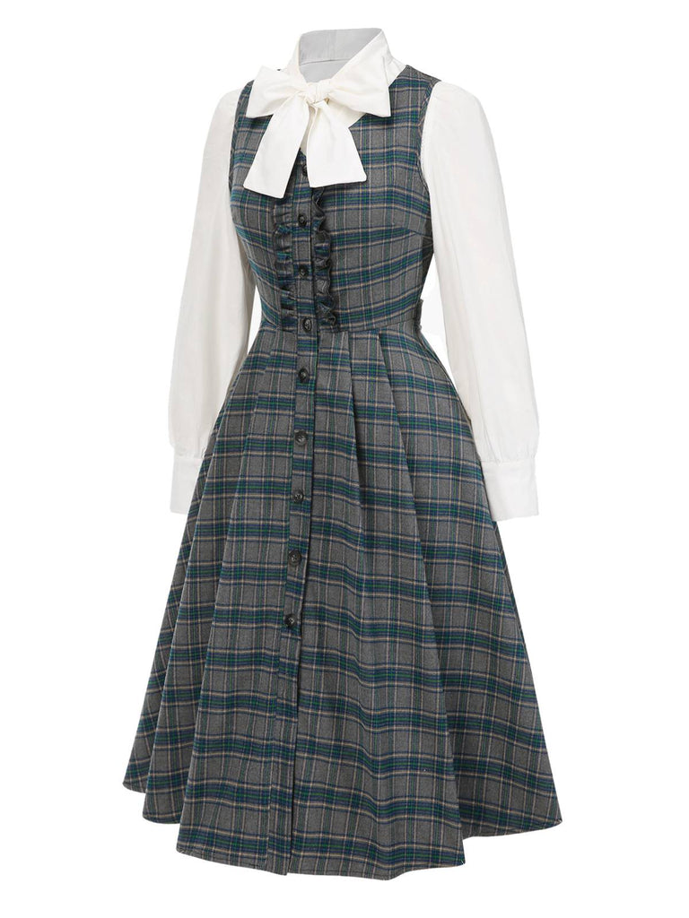 [Vorverkauf] 2PCS Grau 1950er Plaid Rüschen Kleid & Baumwolle Bluse