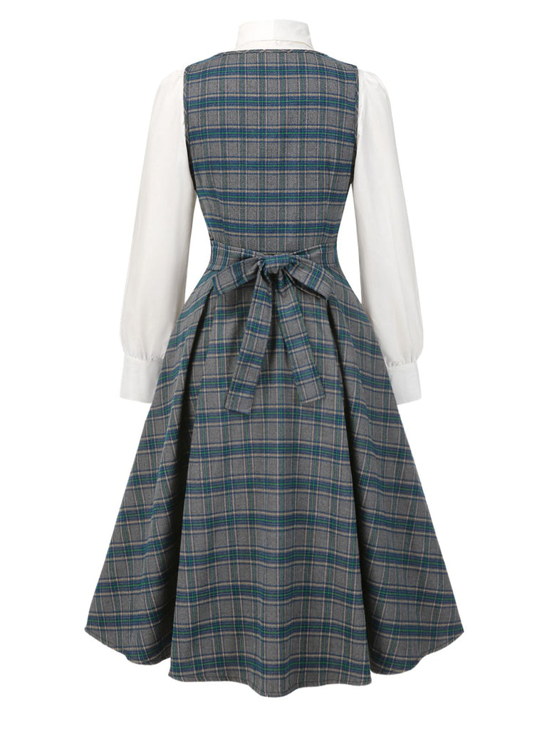 [Vorverkauf] 2PCS Grau 1950er Plaid Rüschen Kleid & Baumwolle Bluse