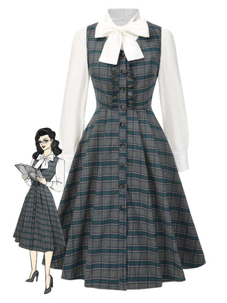 2PCS Grau 1950er Plaid Rüschen Kleid & Baumwolle Bluse