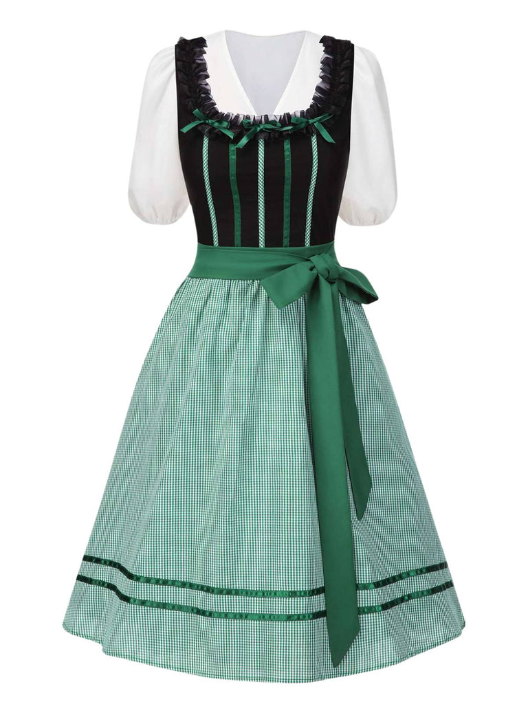 [Vorverkauf] 2PCS Schwarz 1950er Oktoberfest Baumwolle Polka Dot Gingham Kleid & Puffärmel Crop Top