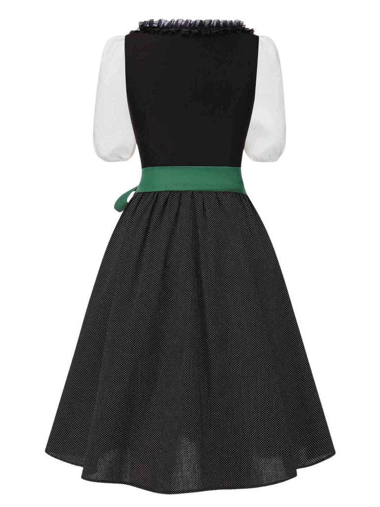 [Vorverkauf] 2PCS Schwarz 1950er Oktoberfest Baumwolle Polka Dot Gingham Kleid & Puffärmel Crop Top