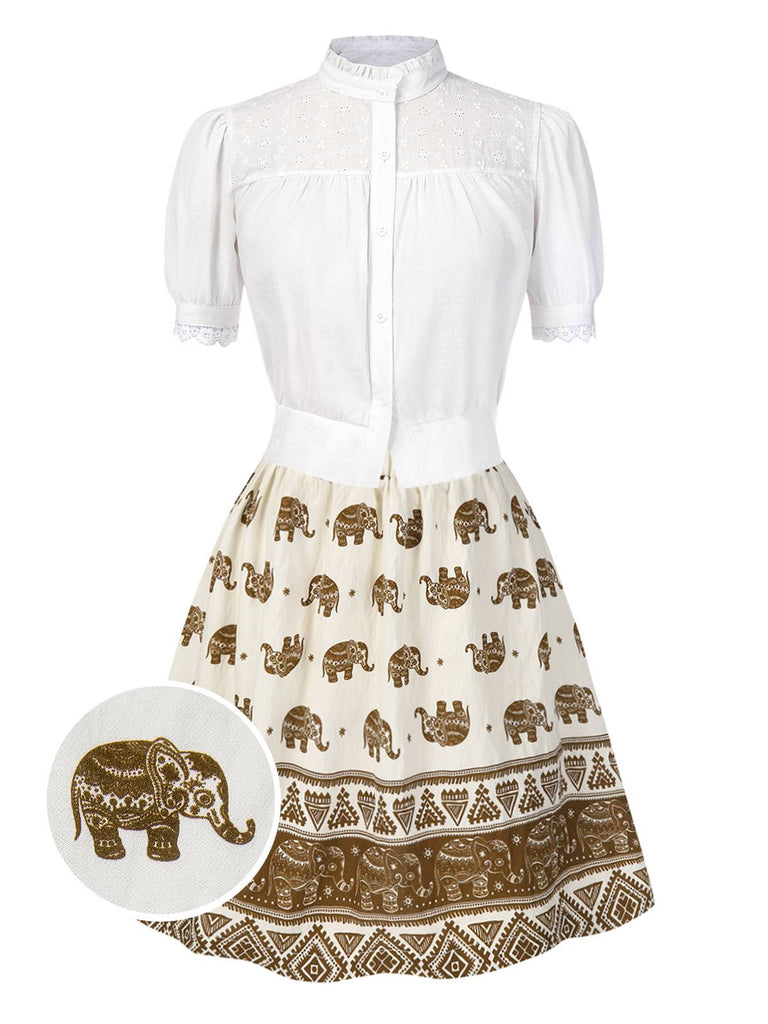 [Vorverkauf] 2PCS 1940er Besticktes Bluse & Elefant Drucken Rock