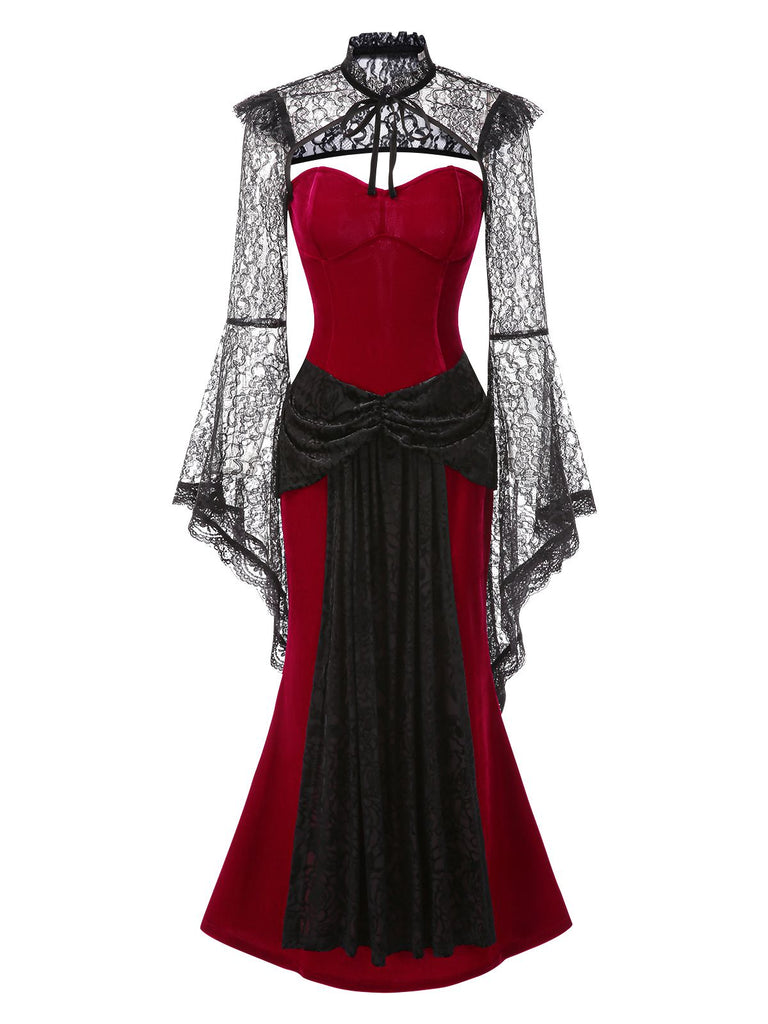 [Vorverkauf] 2PCS Rot & Schwarz 1930er Samt Bandeau Fischschwanz Kleid & Cape