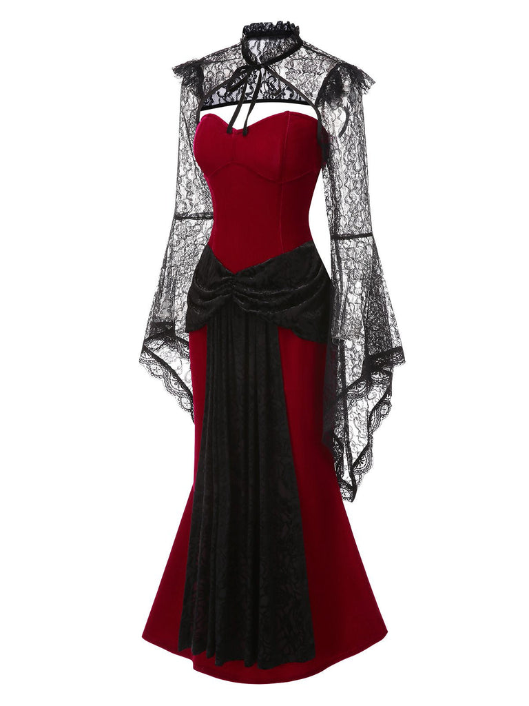 [Vorverkauf] 2PCS Rot & Schwarz 1930er Samt Bandeau Fischschwanz Kleid & Cape