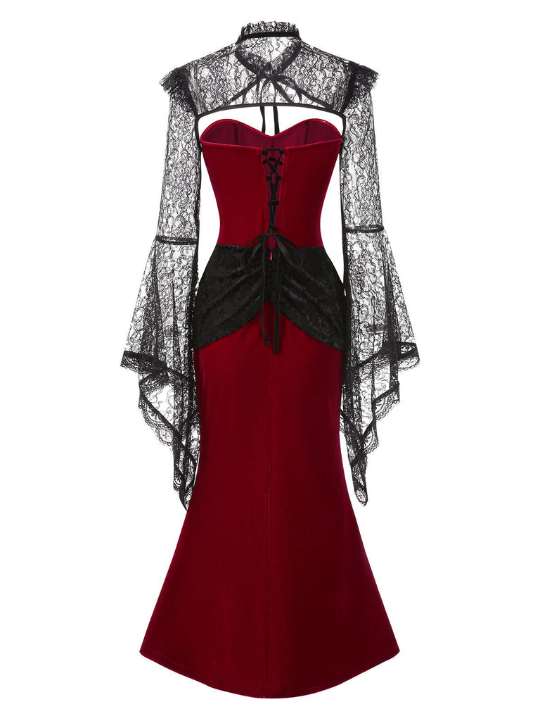 [Vorverkauf] 2PCS Rot & Schwarz 1930er Samt Bandeau Fischschwanz Kleid & Cape