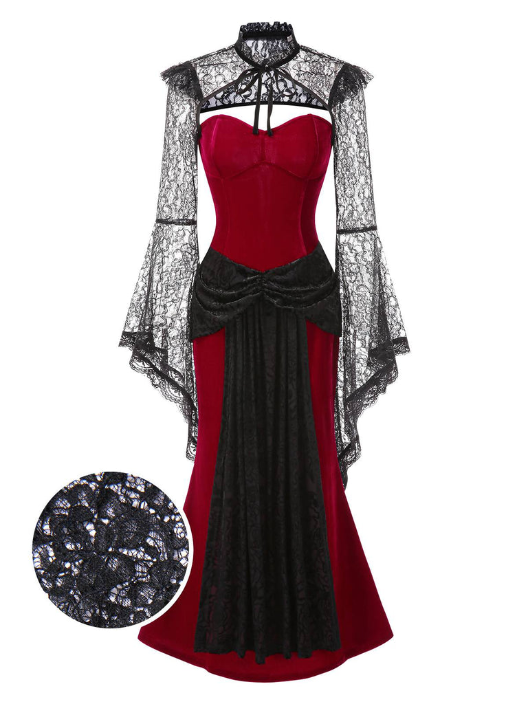 [Vorverkauf] 2PCS Rot & Schwarz 1930er Samt Bandeau Fischschwanz Kleid & Cape