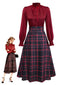 [Vorverkauf] 2PCS Rot 1940er Krawattenhals Bluse & Plaid Rock