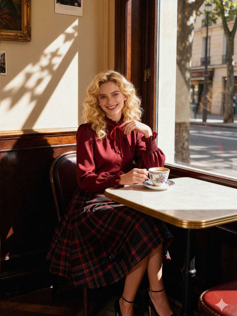 [Vorverkauf] 2PCS Rot 1940er Krawattenhals Bluse & Plaid Rock