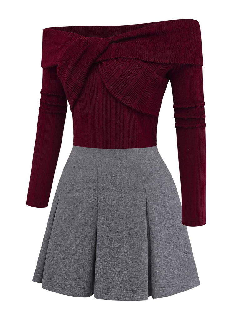 [Vorverkauf] 2PCS Rot 1960er Verdreht Stricken Top & Plissiertes Rock