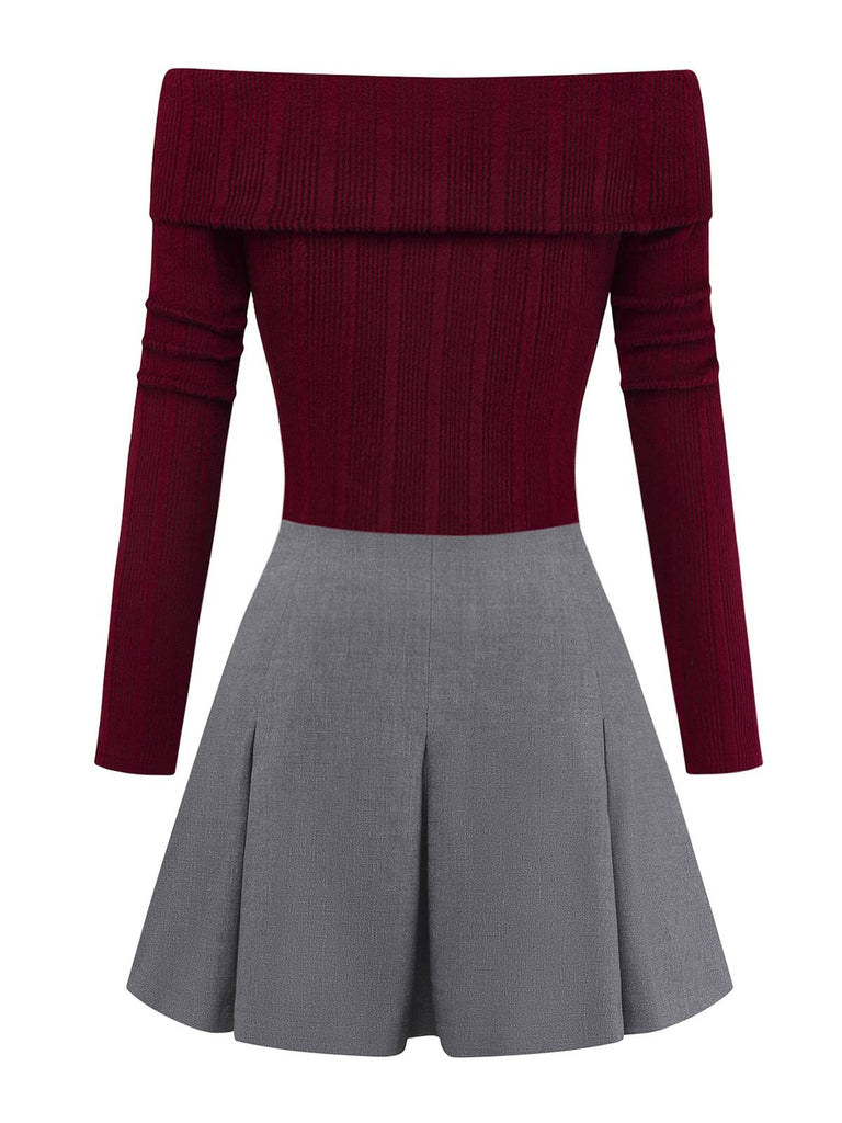 [Vorverkauf] 2PCS Rot 1960er Verdreht Stricken Top & Plissiertes Rock