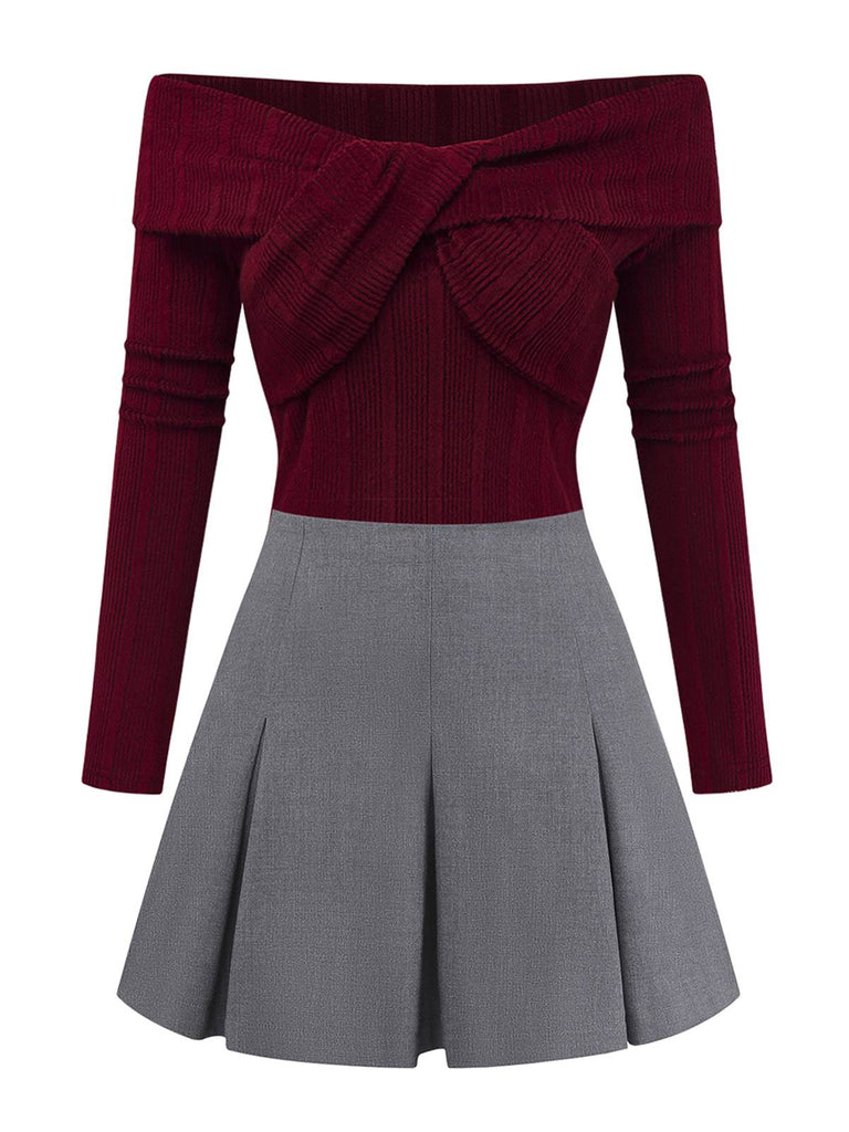 [Vorverkauf] 2PCS Rot 1960er Verdreht Stricken Top & Plissiertes Rock