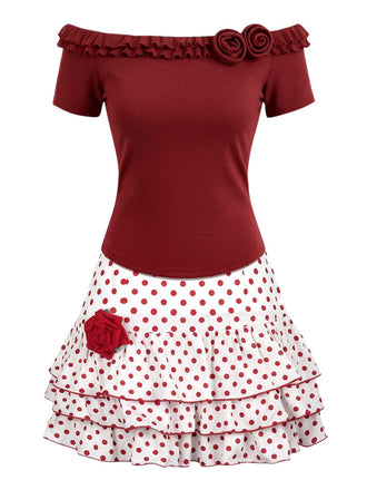 [Vorverkauf] 2PCS Rot 1960er Rüschen Rose Stricken Top & Polka Dot Rock