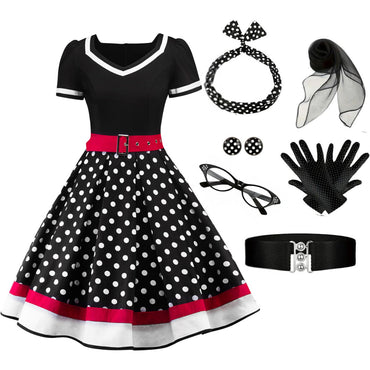 Schwarz 1950er Punkt Druck Patchwork Kleid mit Zubehör-Set