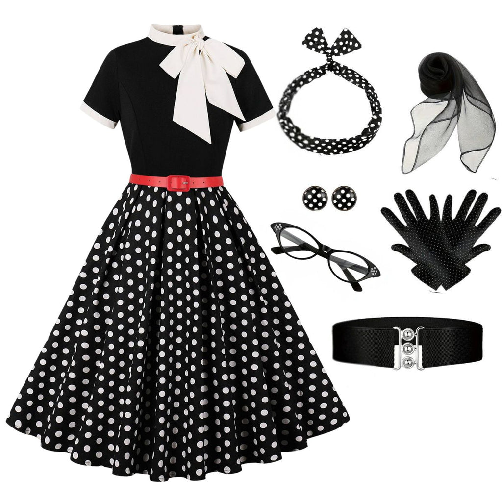 Schwarz 1950er Krawattenhals Polka Dots Gürtel Kleid mit Zubehör-Set
