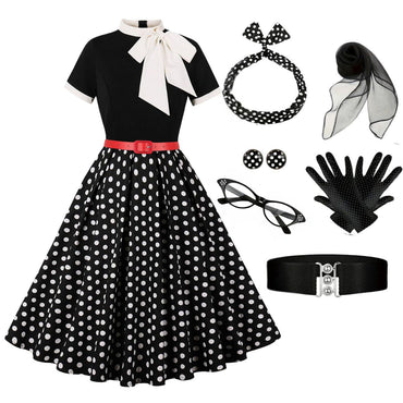 Schwarz 1950er Krawattenhals Polka Dots Gürtel Kleid mit Zubehör-Set