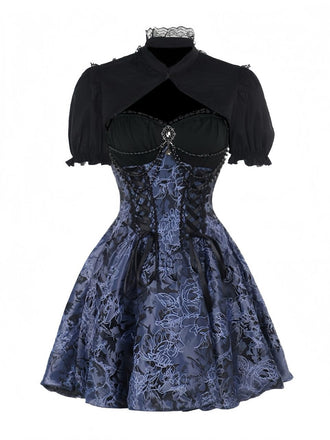 2PCS Schwarz & Blau 1980er Gothic Kap Strickjacke & Blumen Besticktes Kleid