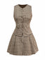 2PCS Braun 1960er Gingham Plaid Plissiertes Weste & Rock