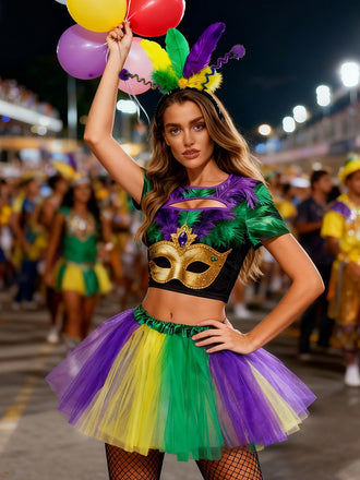 3PCS 1970er Karneval Masken Cutout Top & Unterrock & Stirnband