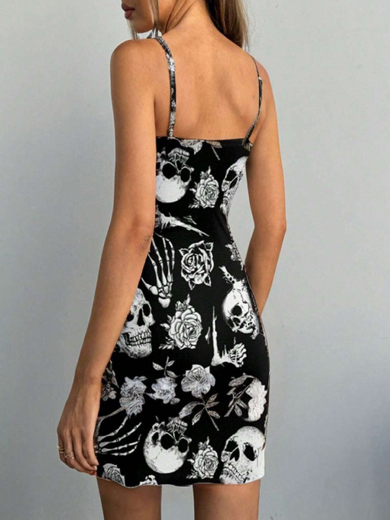 Schwarz 1960er Schädel Rose Halloween Enges Kleid