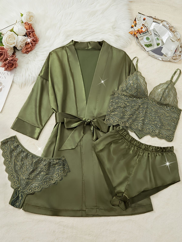 Grün 1950er Solide Spitze & Satin Pyjama Set