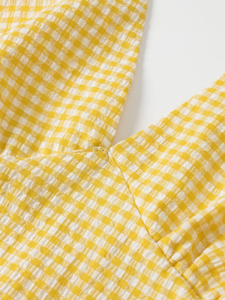 Gelb 1960er Halfter V-Ausschnitt Plaids Kleid