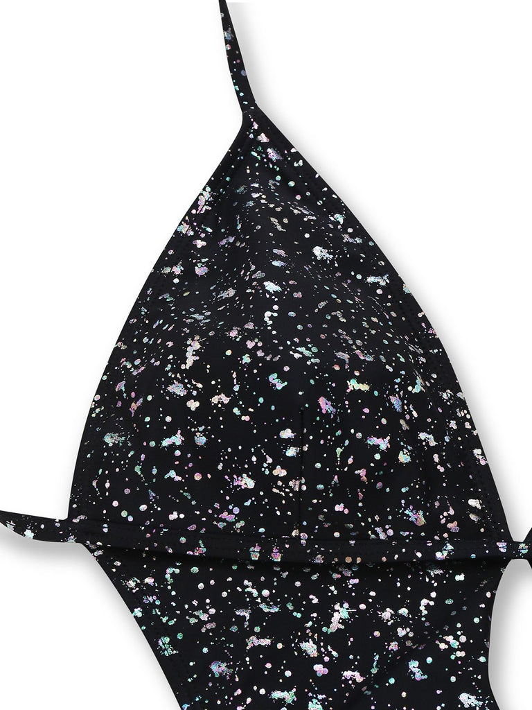 Schwarz 1980er Spiegelnd Einteiliger Badeanzug