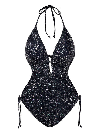 Schwarz 1980er Spiegelnd Einteiliger Badeanzug