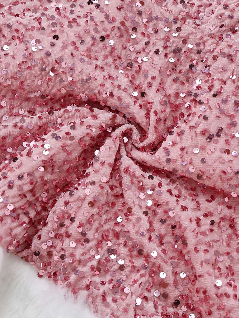 Rosa 1960er Weihnachten Fell Pailletten Trägerlos Kleid
