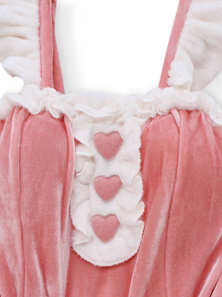 Rosa 1970er Weihnachten Samt Rüschen Bunny Girl Kleid Set