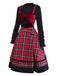 [Vorverkauf] 2PCS 1950er Samt Bogen Rollkragen Stricken Top & Plaid Kleid