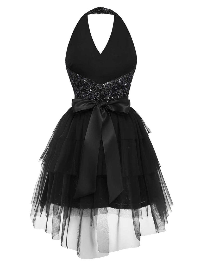 [Vorverkauf] 2PCS Schwarz 1960er Pailletten Halter Kleid & Netz Rock
