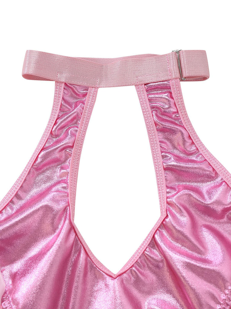 1980er Lack Leder Halter Schnürung Body Dessous Set