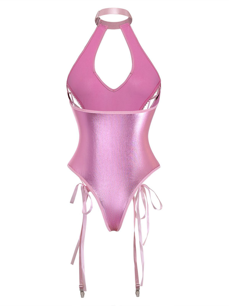 1980er Lack Leder Halter Schnürung Body Dessous Set