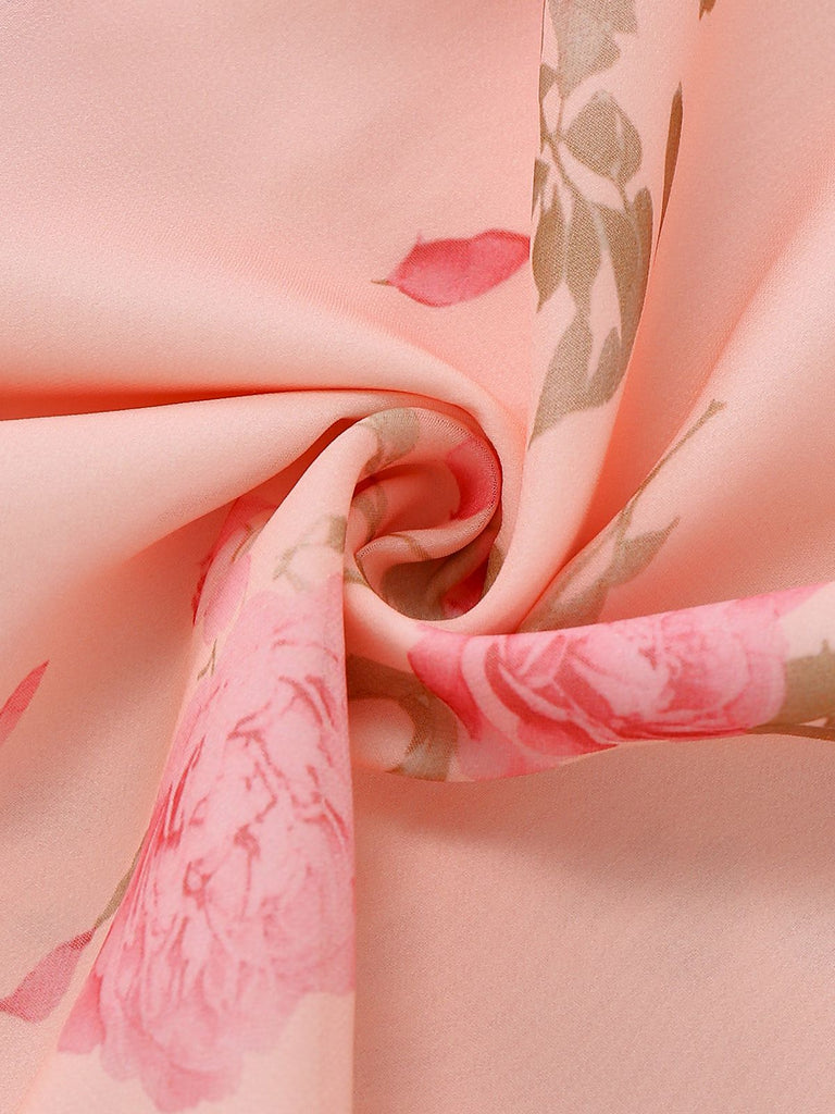 Blassrosa 1930er Blumen V-Ausschnitt Chiffon Kleid