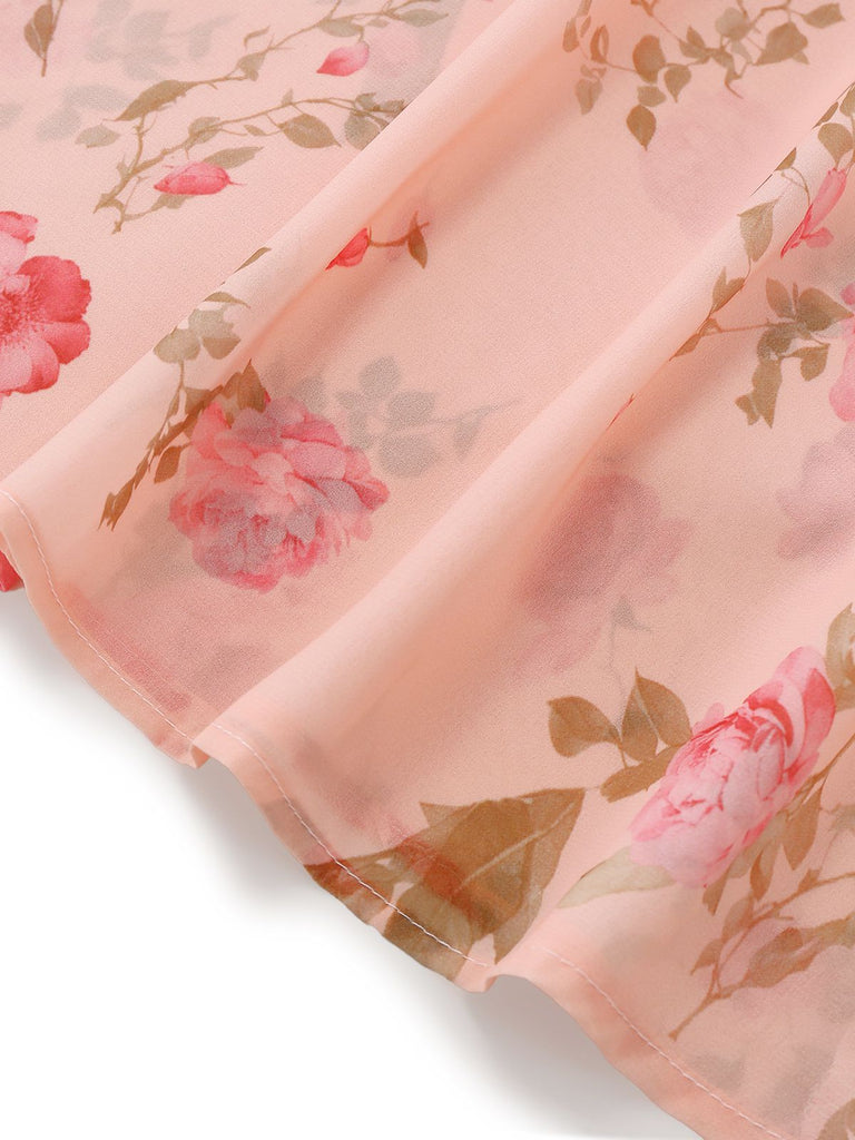 Blassrosa 1930er Blumen V-Ausschnitt Chiffon Kleid