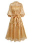 Gold 1940er Sheer Grid Puffärmel Gürtel Midi Party Kleid