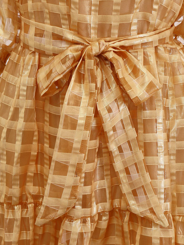 Gold 1940er Sheer Grid Puffärmel Gürtel Midi Party Kleid