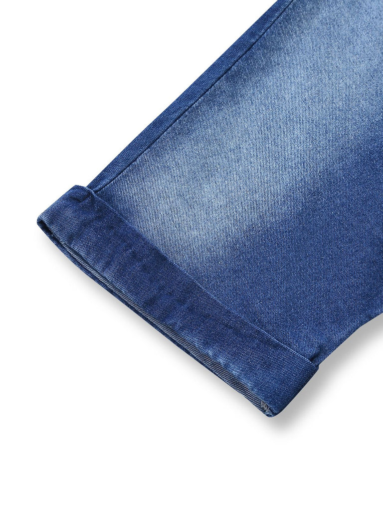 Denim 1970er Revers Knöpfe Gürtel Taille Jumpsuit