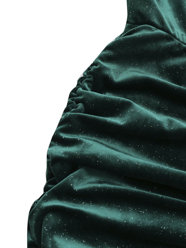 1960er Solide Samt Langarm Wasserfallausschnitt Kleid