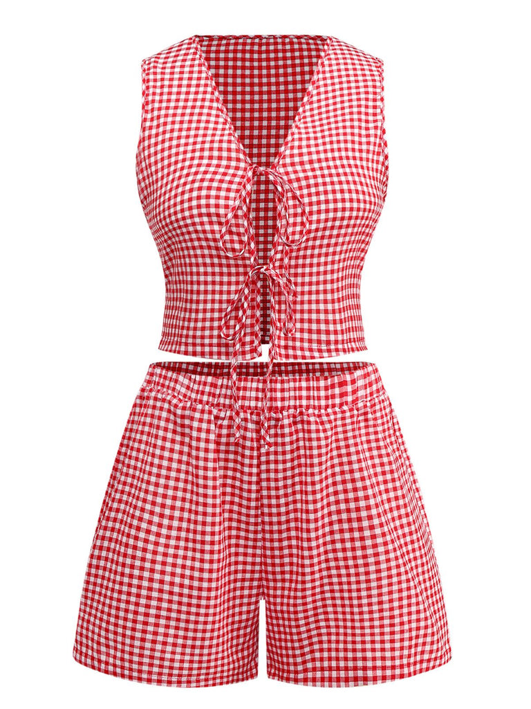 2PCS 1950er Plaid V-Ausschnitt Binden Weste & Shorts