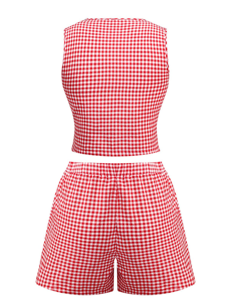 2PCS 1950er Plaid V-Ausschnitt Binden Weste & Shorts
