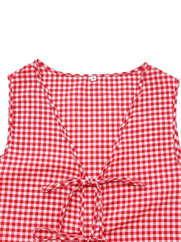 2PCS 1950er Plaid V-Ausschnitt Binden Weste & Shorts