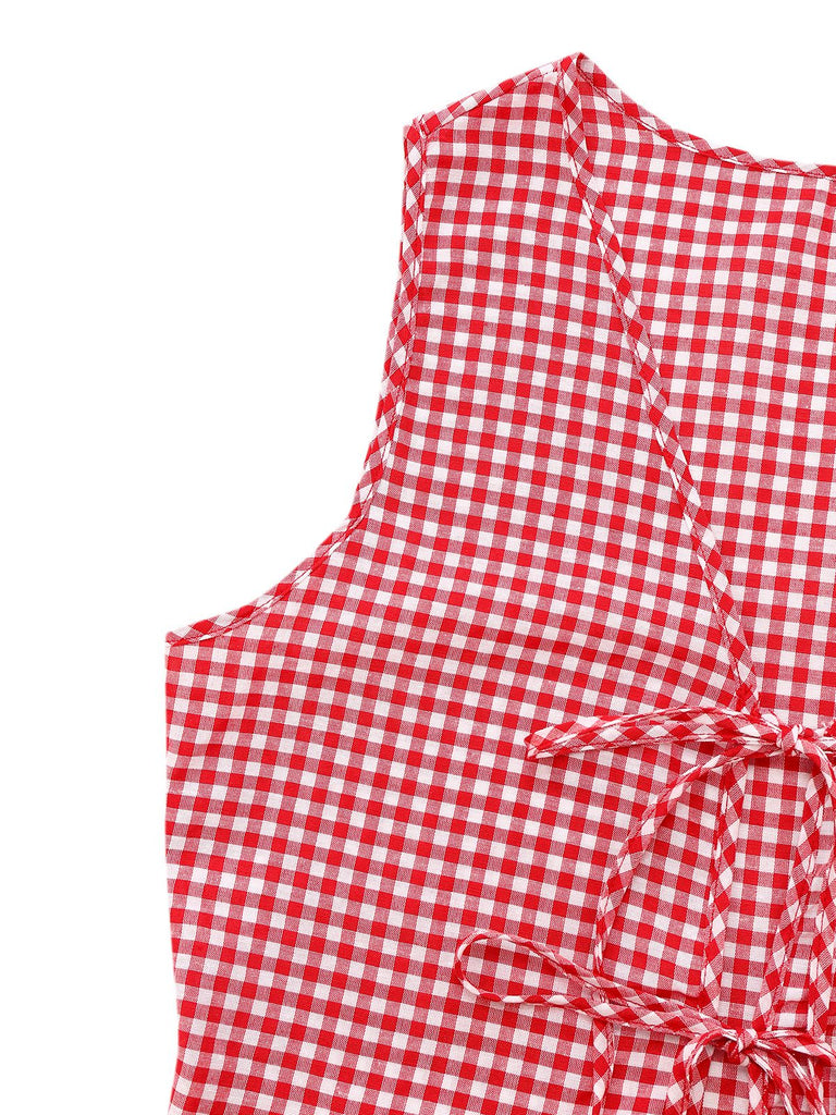2PCS 1950er Plaid V-Ausschnitt Binden Weste & Shorts