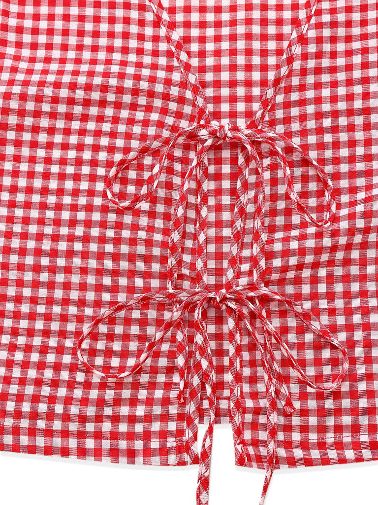 2PCS 1950er Plaid V-Ausschnitt Binden Weste & Shorts