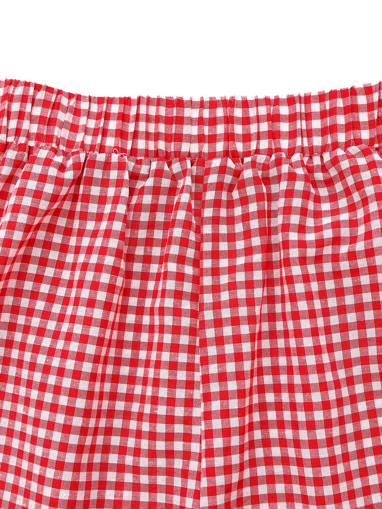 2PCS 1950er Plaid V-Ausschnitt Binden Weste & Shorts