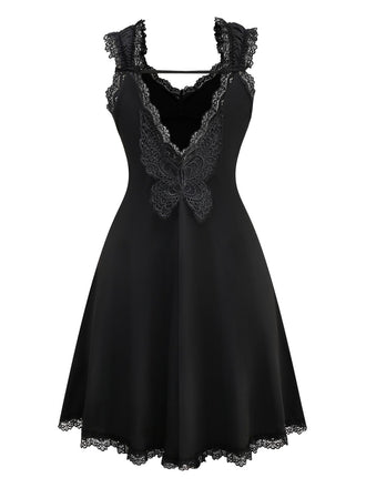 Schwarz 1950er Solide Schmetterling Rückenfrei Nachthemd